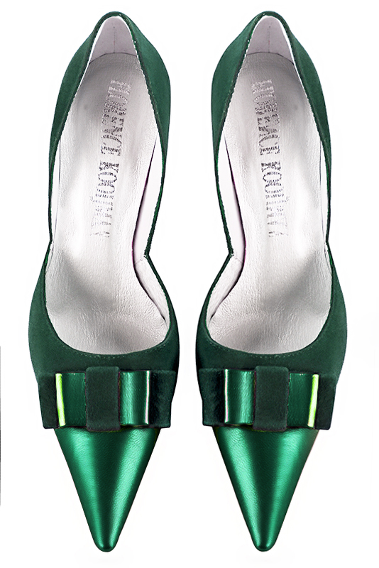 Emerald green women's open arch dress pumps. Pointed toe. Very high slim heel. Top view - Florence KOOIJMAN